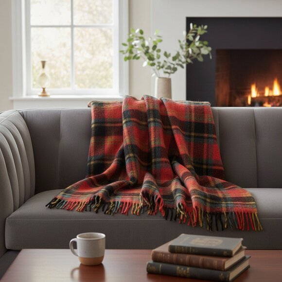 VINTAGE Red Green Plaid Wool blend Throw Blanket Made in Canada 60x60 - Picture 2 of 8